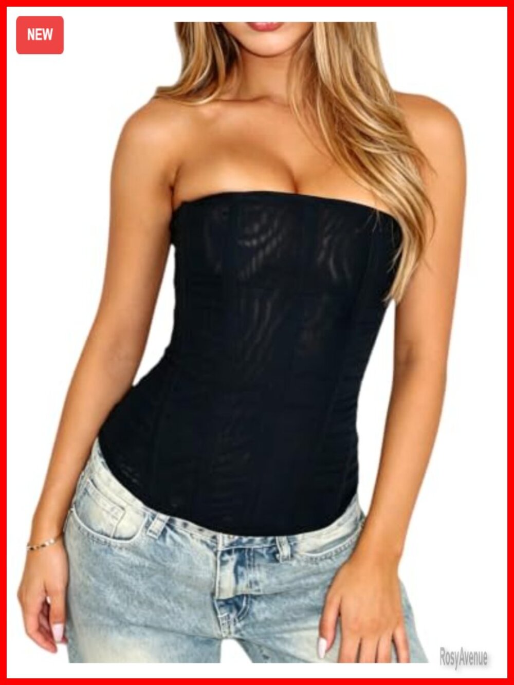 Women Mesh Strapless Bustier Boned Overbust Corset Top